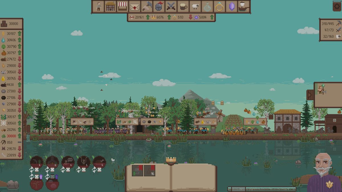 Official Steam screenshot of a riverside Next Reign: Kingdom settlement with the resource HUD and villagers