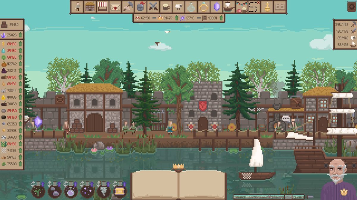 Official Steam screenshot of a walled riverside town with ships and the resource panel