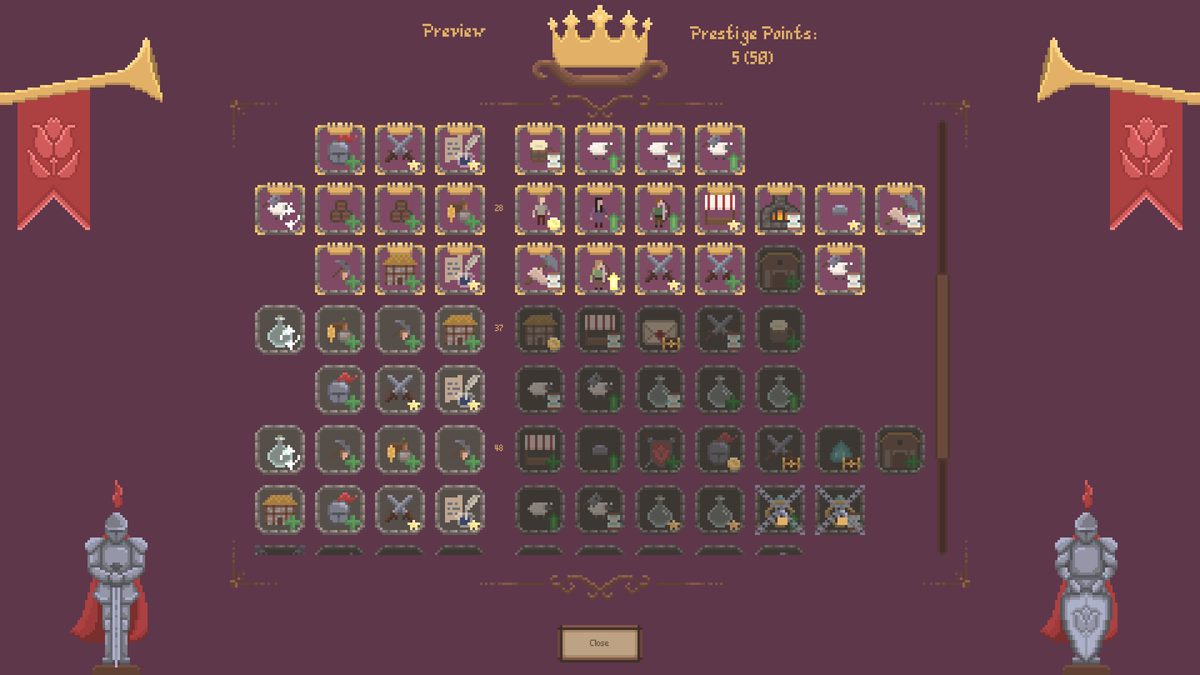 Official Steam screenshot of the prestige upgrade grid with Prestige Points counter